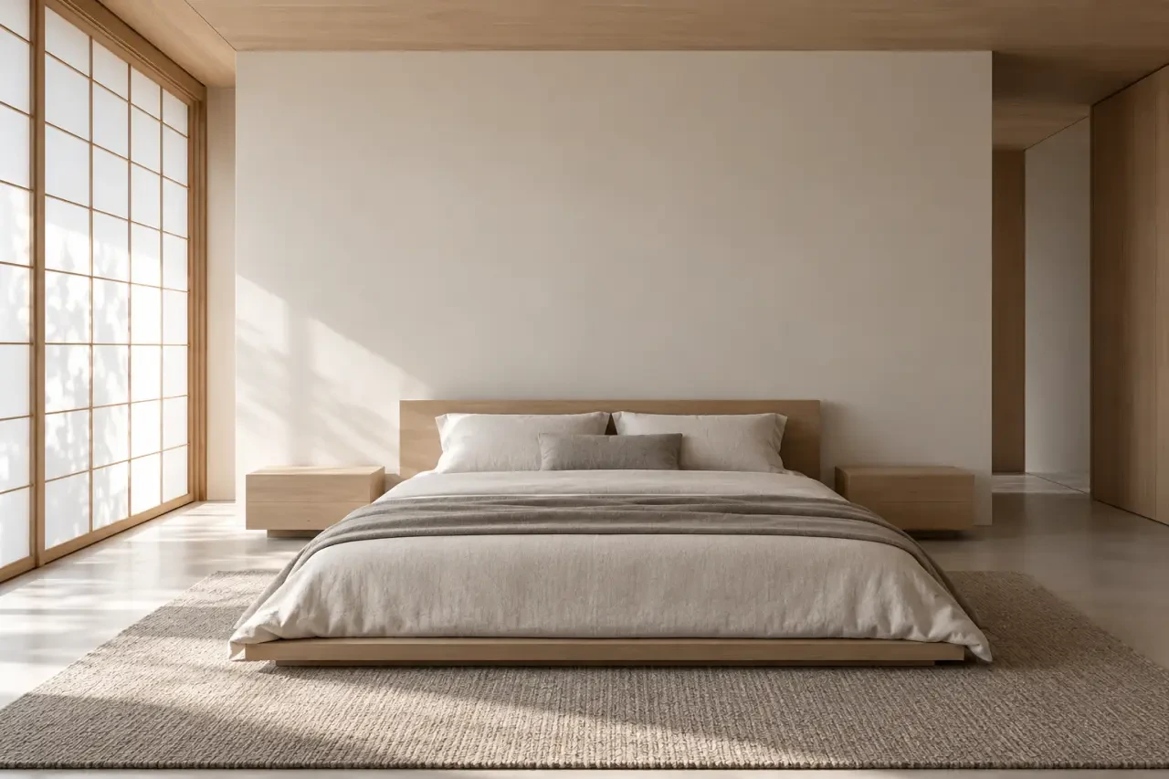 Chambre avec une déco japonaise, un lit bas et des matières naturelles