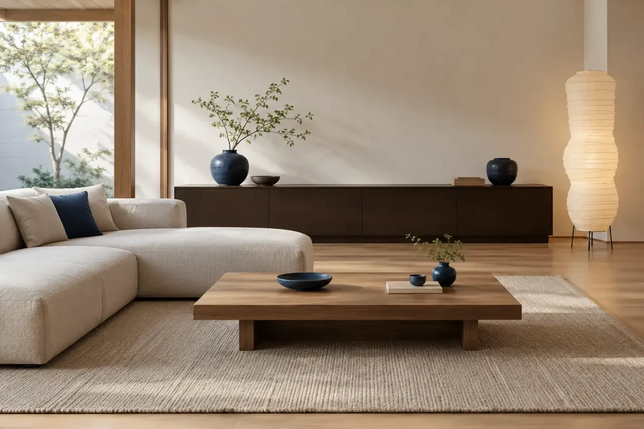 Salon avec une déco japonaise sobre, une lampe en papier et des meubles en bois