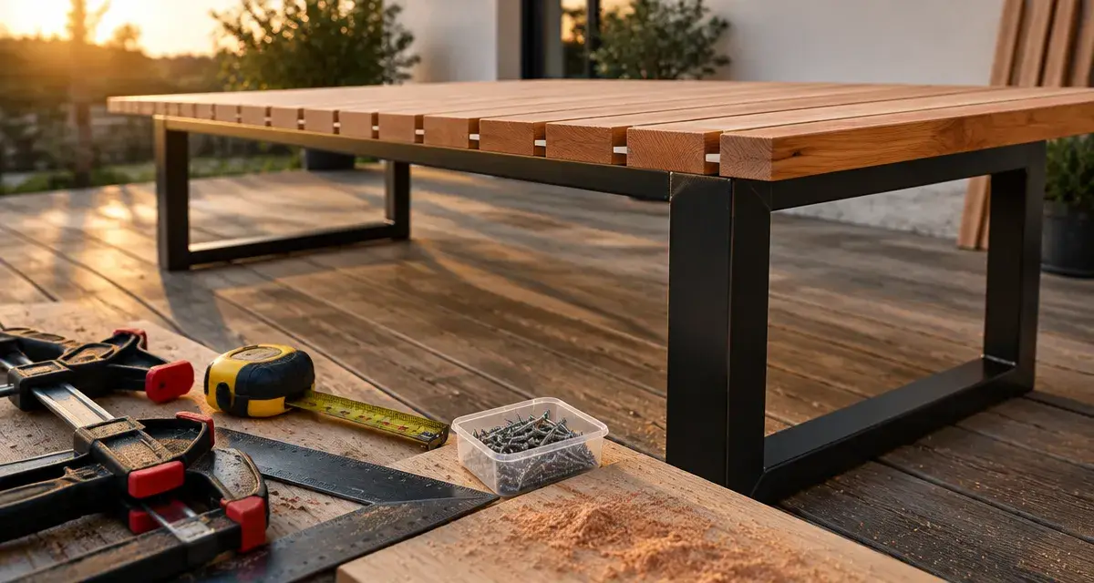 Fabriquer table exterieur bois : plateau 180 cm entre lames, cales 5 mm