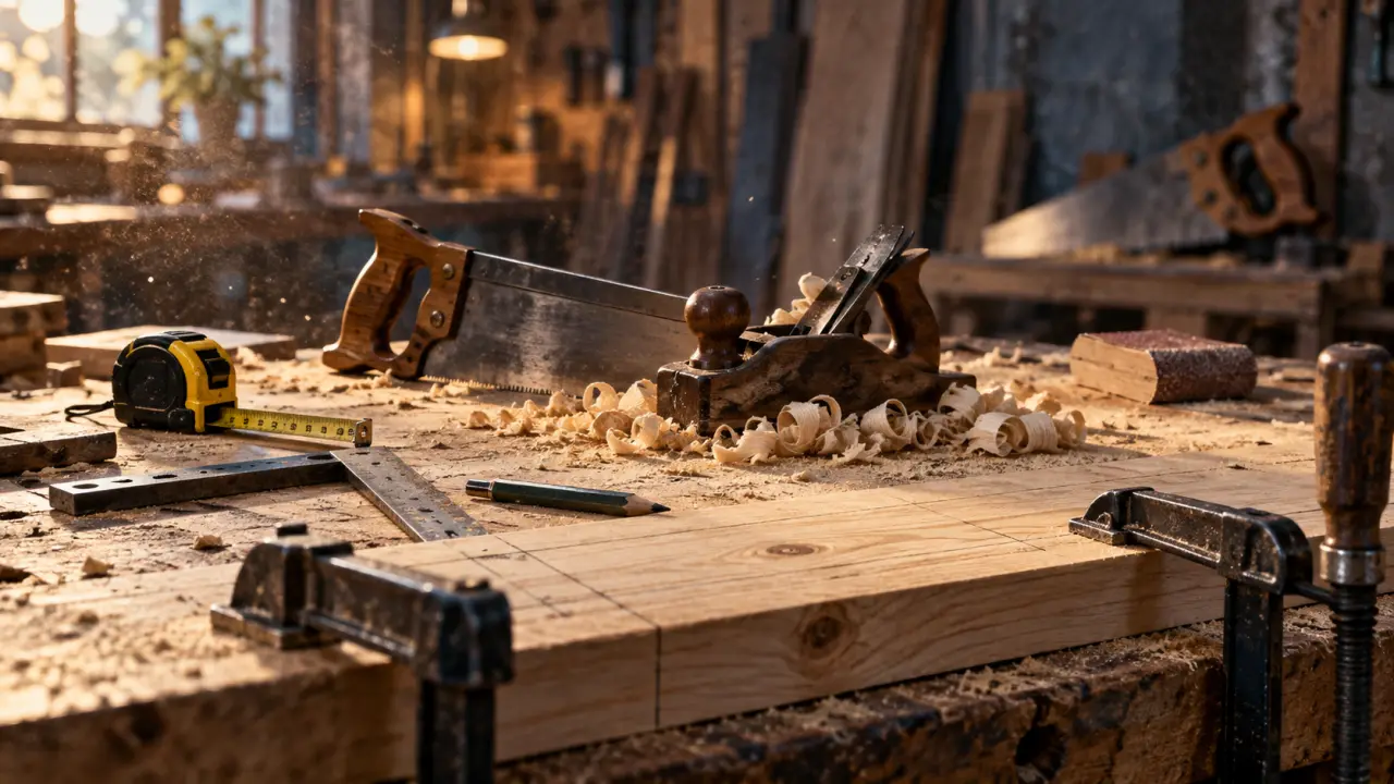 Outils pour travailler le bois sur établi : mètre, équerre, serre-joints