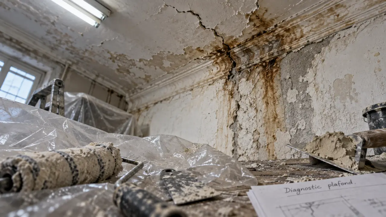 plafond renovation fissures à réparer, enduit et peinture écaillée