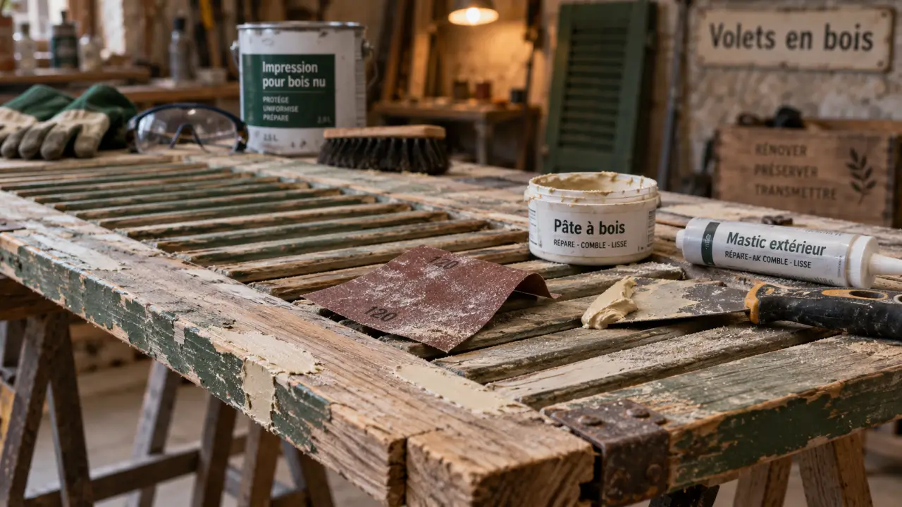 Renover des volets bois : décapage et ponçage sur volet en bois ancien