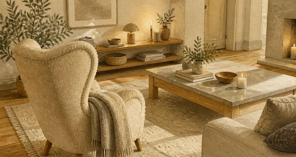 Salon scandinave cocooning lumineux : fauteuil bouclette, tapis laine, bougies