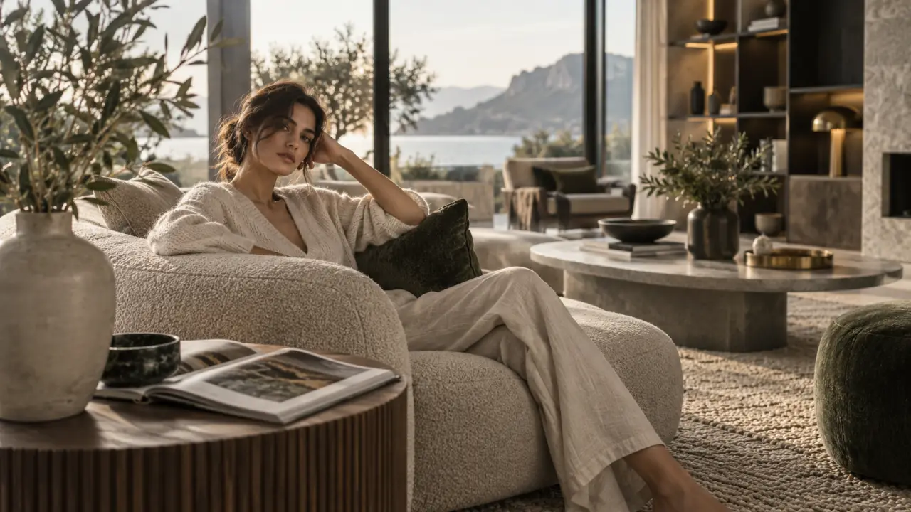 Style contemporain : salon chaleureux, matières contrastées, lumière naturelle