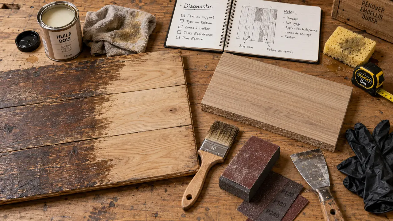 Traitement bois intérieur : huile sur vernis, parquet poncé, prêt à vernis